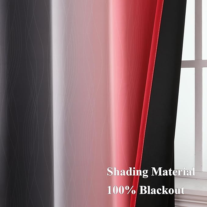 Estelar Textiler Ombre Red and Black Curtains 72 Inch Length 2 panels, Complete Blackout Curtains for Bedroom, Full Room Darkening Grommet Thermal Insulated Gradient Drapes for Living Room, 42x72 Inch