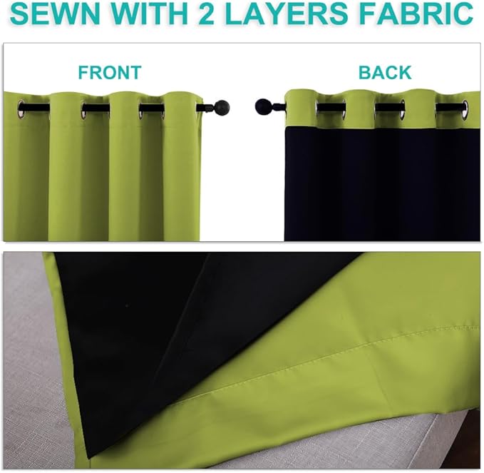 NICETOWN 100% Blackout Curtains for Windows, Pack of 2, Fresh Green, 52" W x 102" L, Super Heavy-Duty Black Lined Total Darkness Drapes for Bedroom, Privacy Assured Window Treatment for Patio