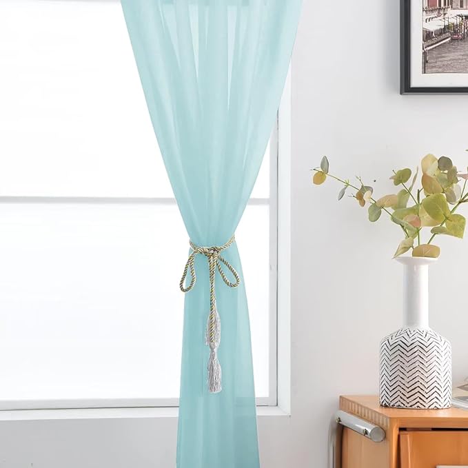 SpaceDresser Basic Rod Pocket Sheer Voile Window Curtain Panels Sky Blue 1 Pair 2 Panels 52 Width 54 Inch Long for Kitchen Bedroom Children Living Room Yard（Sky Blue, 52W x 54L）