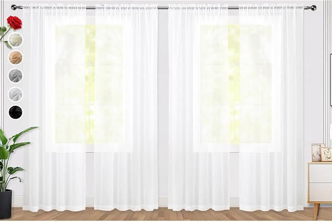 SpaceDresser Sheer White Curtains 4 Panels Rod Pocket Semi-Sheer Curtain 63 Inches Long Light Filtering Voile Window Drapes for Bedroom Living Room Kitchen, Each 52W x 63L