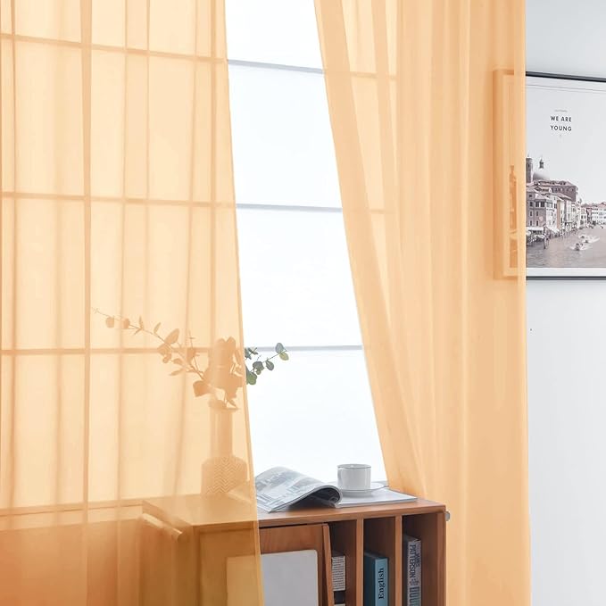 SpaceDresser Beige Sheer Curtains 4 Panels Rod Pocket Semi-Sheer Curtain 90 Inches Long Light Filtering Voile Window Drapes for Bedroom Living Room Kitchen, Each 52W x 90L