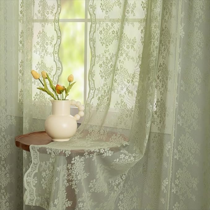 YJ YANJUN Vintage Lace Curtains 108 Inches Long-Victorian Floral Pattern Boho Sage Green Sheer Curtain Panels for Dining Room Living Room Big Windows and High Ceilings 2 Panels