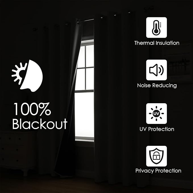 ChrisDowa 100% Blackout Curtains 84 inch Long for Bedroom with Black Liner, 2 Thick Layers Total Blackout Thermal Insulated Grommet Window Curtains 2 Panels Set (Aqua, 52 x 84 Inch)