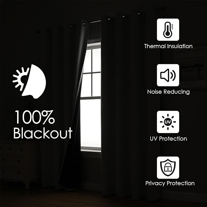 ChrisDowa 100% Blackout Curtains for Bedroom with Black Liner, 2 Thick Layers Total Blackout Thermal Insulated Grommet Window Curtains 2 Panels Set (Stone Blue, 52 x 63 Inch)
