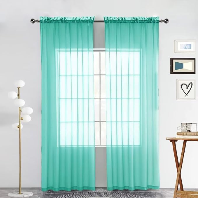 SpaceDresser Sheer Voile Window Treatment Rod Pocket Curtain Panels for Kitchen Bedroom Living Room Drapes Sunlight Filtering Privacy Semi Home Decor Assorted Colors Sizes (Turquoise, 52 W x 96 L)