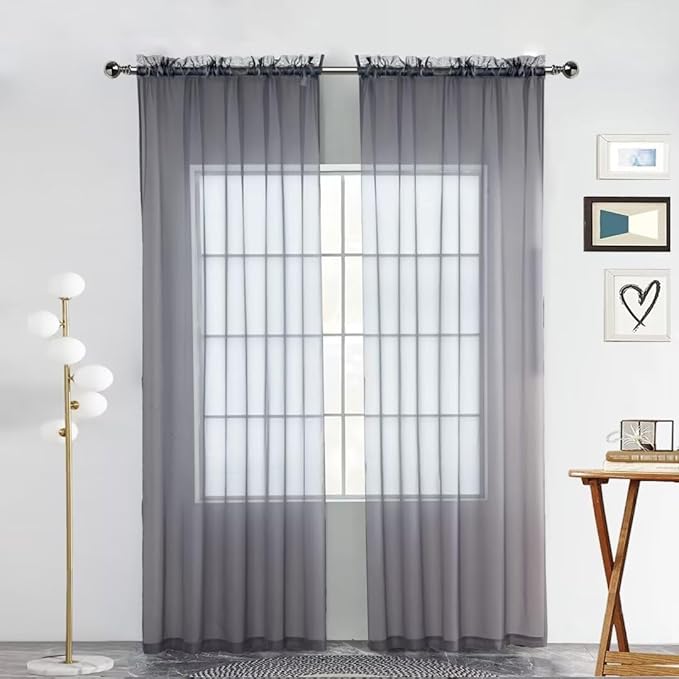 SpaceDresser Sheer Voile Window Treatment Rod Pocket Curtain Panels for Kitchen Bedroom Living Room Drapes Sunlight Filtering Privacy Semi Home Decor Assorted Colors Sizes (Grey, 52 W x 54 L)