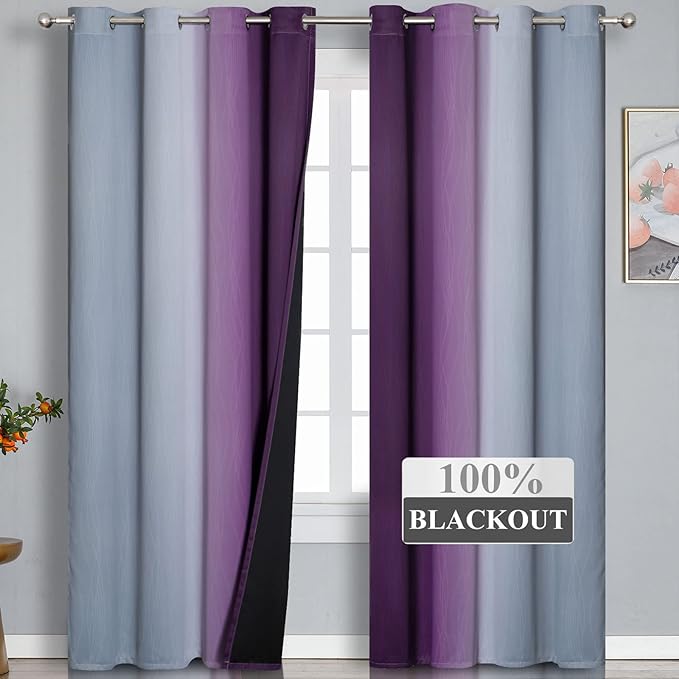 Purple and Grey Blackout Curtains 84 Inches Long,Ombre and Wavy Line Pattern 100% Blackout Curtains for Bedroom,Full Light Blocking Grommet Thermal Insulated Drapes for Kids Room, 52x84 Inch, 2 Panels
