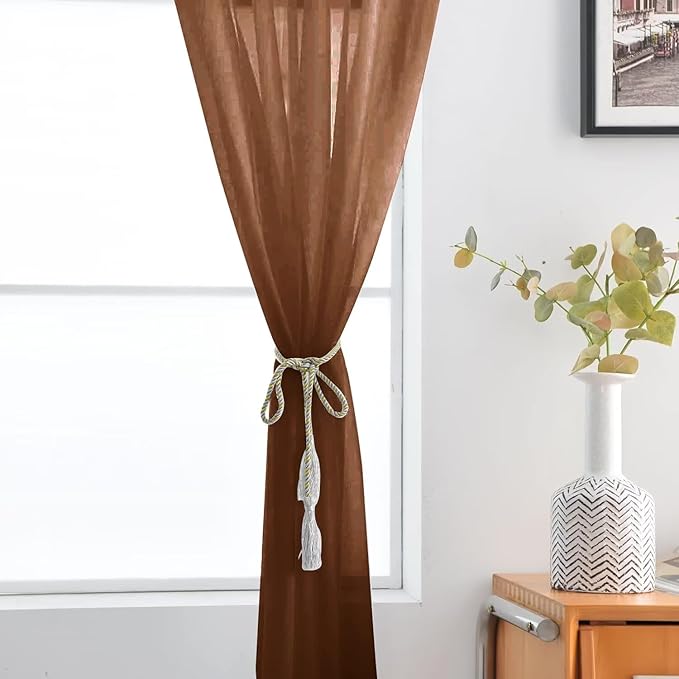 SpaceDresser Sheer Voile Window Treatment Rod Pocket Curtain Panels for Kitchen Bedroom Living Room Drapes Sunlight Filtering Privacy Semi Home Decor Assorted (Brown, 52 W x 54 L)