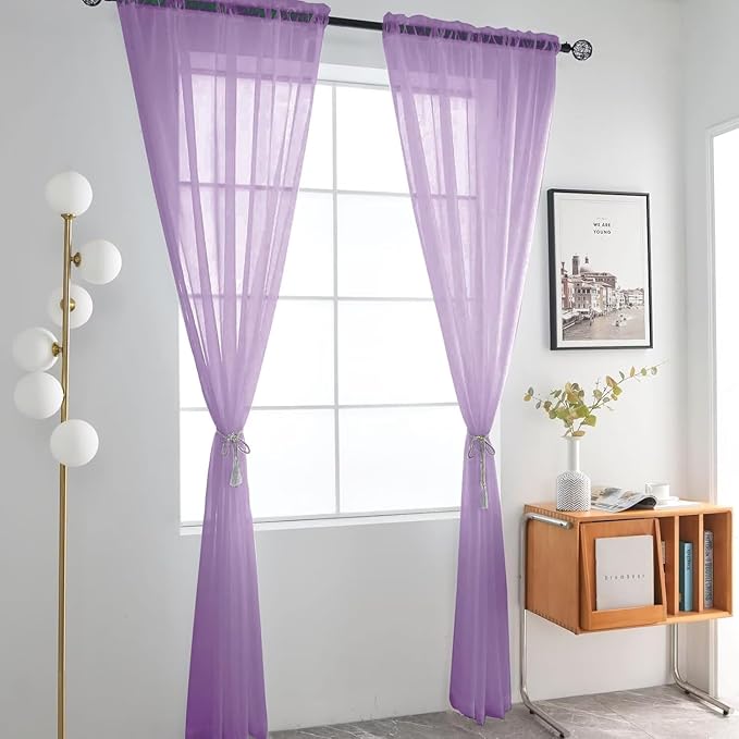 SpaceDresser Sheer Voile Window Treatment Rod Pocket Curtain Panels for Kitchen Bedroom Living Room Drapes Sunlight Filtering Privacy Semi Home Decor Assorted (Lavender, 52 W x 90 L)