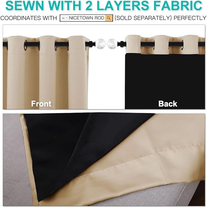 NICETOWN Bedroom Full Blackout Curtain Panels, Super Thick Insulated Window Covers, Complete Blackout Draperies with Black Liner for Short Window(Biscotti Beige, Set of 2 PCs, 62 by 63-inch)
