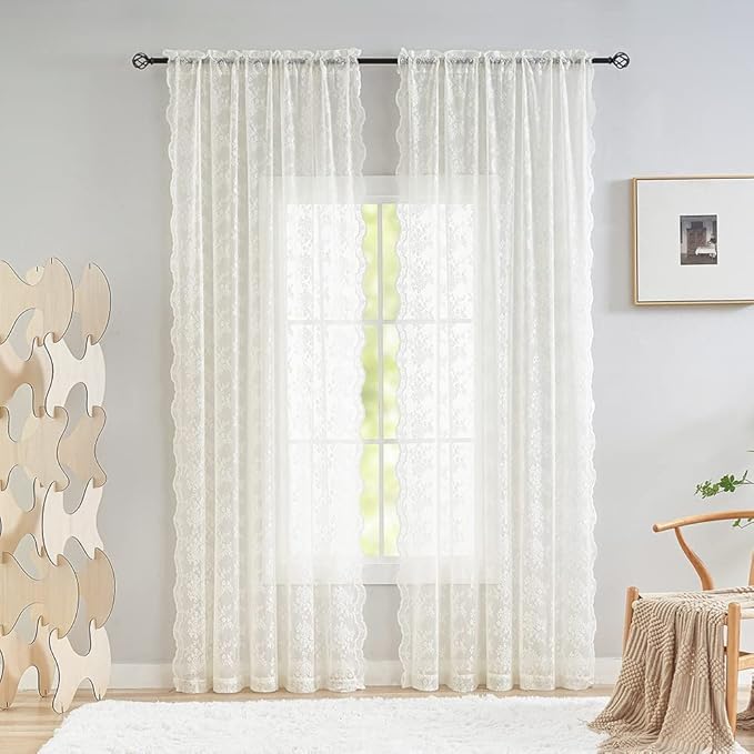 YJ YANJUN Vintage Lace Curtains 108 inches Long 2 Panels Set French Country Shabby Chic Floral Sheer Curtains for Living Room Window Light Filtering Rod Pocket 52W x 108L Ivory