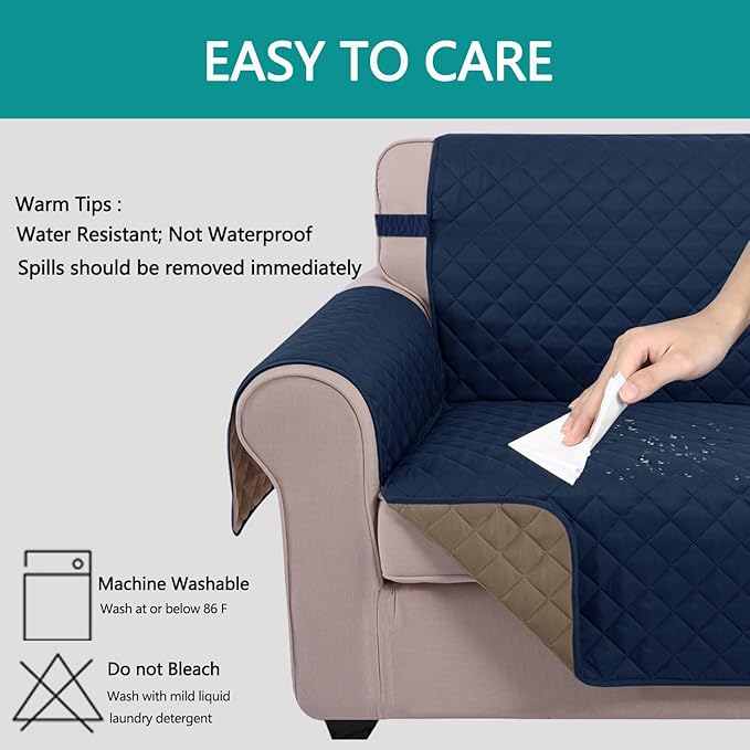 U-NICE HOME Recliner Chair Covers Reversible Quilted Water Repellent Pet Protectors with Elastic Straps (23''Recliner Small, Navy/Taupe)