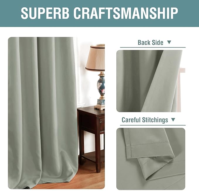 H.VERSAILTEX Sage Green Curtains/Drapes Blackout for Bedroom Room Darkening Thermal Curtains for Living Room Noise Reducing Sound Proof Solid Grommet Curtain (One Panel, Light Sage, 52" W x 120" L)