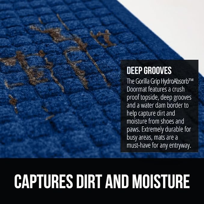 GORILLA GRIP® Ultra Absorbent Front Door Mat Outside Entrance, 47x35, Traps Dirt and Moisture, HydroABSORB Indoor Outdoor Doormat Holds Up to 6 Cups Water, Stain and Fade Resistant Welcome Mat, Blue