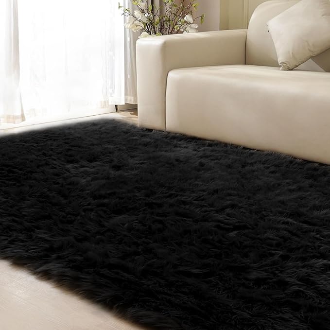 ORINOVA Washable 6x9 Area Rugs for Living Room Black Fuzzy Faux Sheepskin Shag Fur Rug for Bedroom Nursery Rectangle Rug Home Décor
