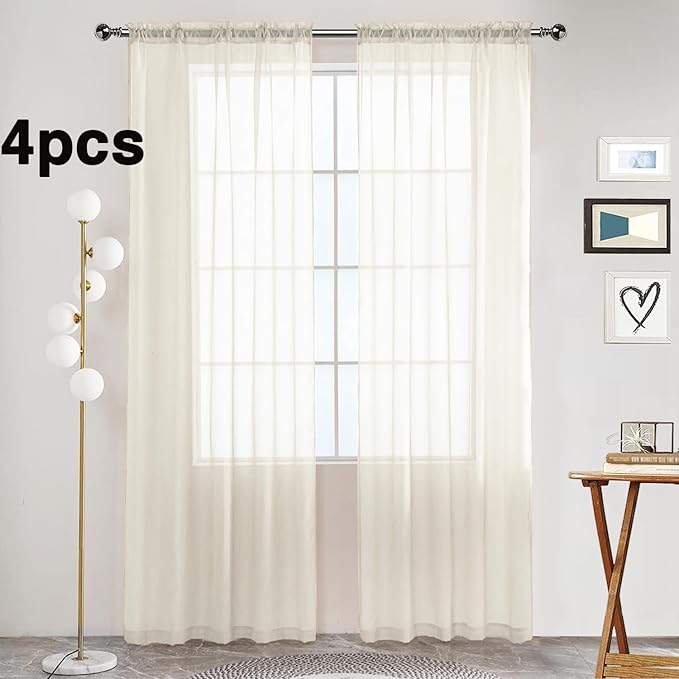 SpaceDresser Ivory Sheer Curtains 4 Panels Rod Pocket Semi-Sheer Curtain 63 Inches Long Light Filtering Voile Window Drapes for Bedroom Living Room Kitchen, Each 52W x 63L