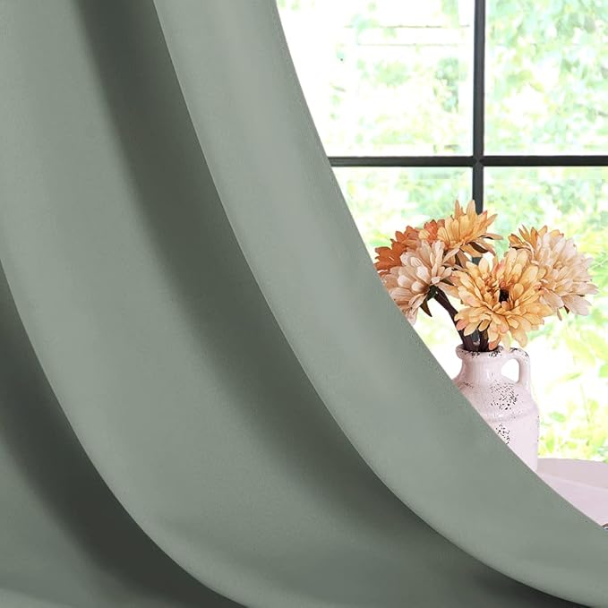 NICETOWN Thermal Insulated Greyish Green Curtains Blackout Draperies, Window Treatment Solid Grommet Room Darkening Drape Panels for Bedroom (Set of 2, 70 by 54 inches Long)