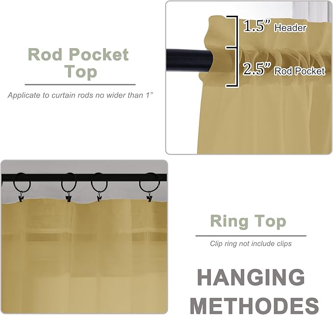 OWENIE Gold Sheer Curtain 90 Inches Long 2 Panels Set, Solid Filmy Drapes for Living Room Bedroom, Elegant Window Voile Sheer Curtain Panels Drapes, 2 Pcs, Each 59" Wx90 L Inch