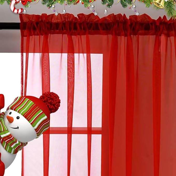 SpaceDresser Basic Rod Pocket Sheer Voile Window Curtain Panels White 1 Pair 2 Panels 38 Width 84 Inch Long for Kitchen Bedroom Children Living Room Yard(Red,38 W x 84 L)