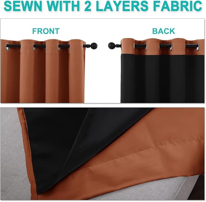 NICETOWN 100% Blackout Window Curtain Panels, Cold and Full Light Blocking Drapes with Black Liner for Nursery, 84" Drop Thermal Insulated Draperies (Burnt Orange, 2 Pieces, 70" Wide Each Panel)