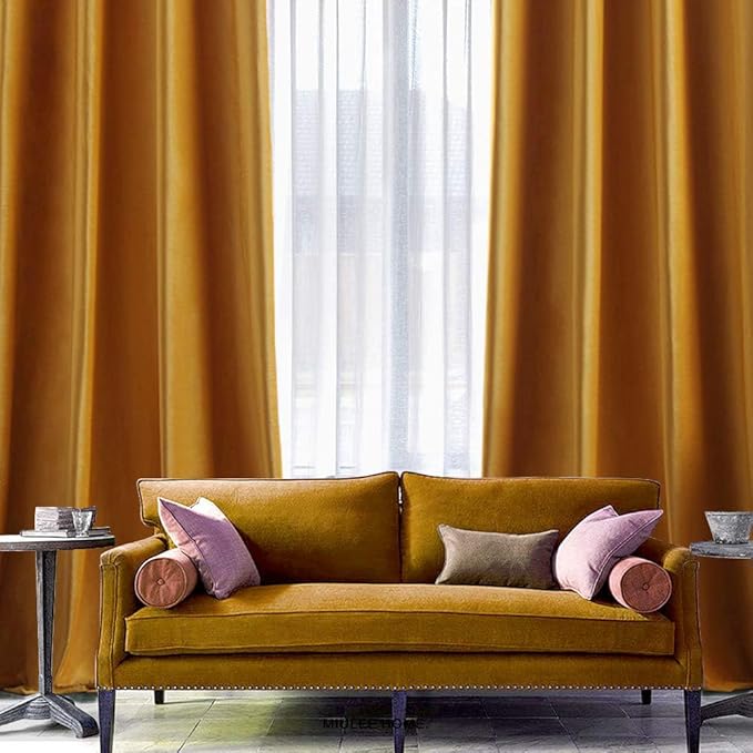 MIULEE 2 Panels Blackout Velvet Curtains Solid Soft Grommet Mustard Yellow Curtains Thermal Insulated Soundproof Room Darkening Black Out Drapes/Panels for Fall Living Room Bedroom 52 x 108 Inch