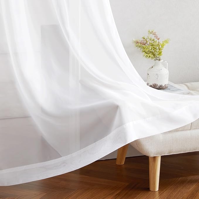 NICETOWN Sheer Curtains Panel 72" Long - Ring Top Window Treatment Sheer Voile Drapes for Bedroom/Living Room (White, Set of 2, W54 x L72)