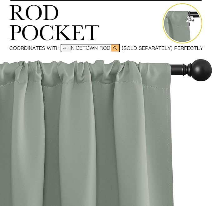 NICETOWN Window Curtains Blackout Drapes - Thermal Insulated Solid Rod Pocket Blackout Curtains/Draperies for Living Room (Greyish Green, One Pair, 42 by 36-Inch)