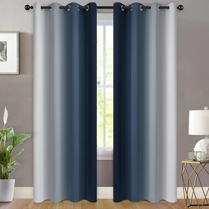 Yakamok Room Darkening Ombre Curtains 84 Inch Length, Navy Blue and Greyish White Thermal Insulated Gradient Color Curtains,Light Blocking Grommet Window Drapes for Bedroom,52 Inch Width,2 Panels