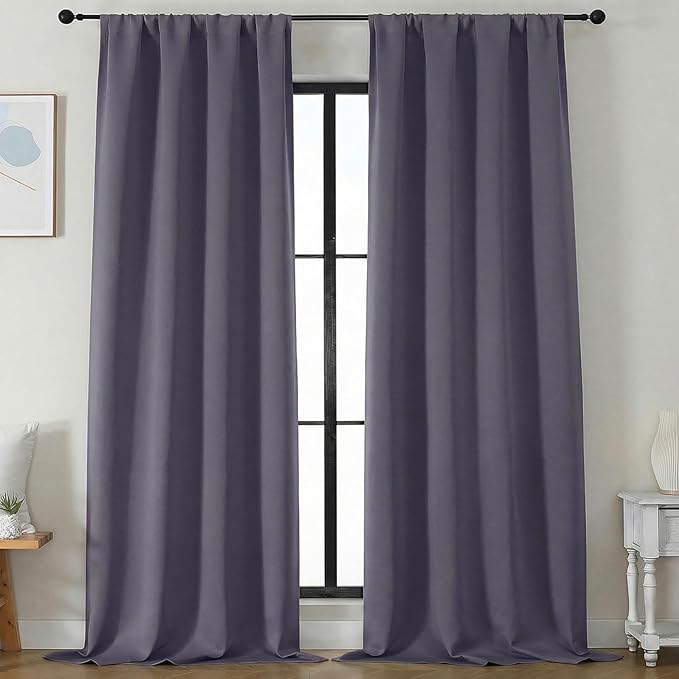 Simplebrand Ava Blackout Curtains for Patio 108 Inches Long 2 Panels Set, Solid Thermal Insulated Room Darkening Rod Pocket Window Treatment Curtains Blackout Drapes, W50 x L108 Inch, Greyish Purple