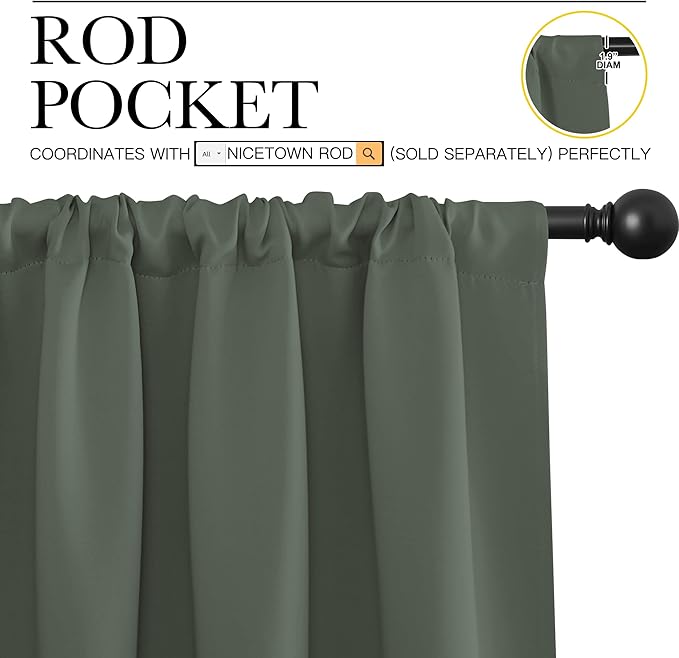 NICETOWN Bedroom Curtains Blackout Draperies - All Season Thermal Insulated Solid Rod Pocket Top Blackout Curtains/Drapes for Kid's Room (Dark Mallard, 1 Pair, 42 x 63 Inch)