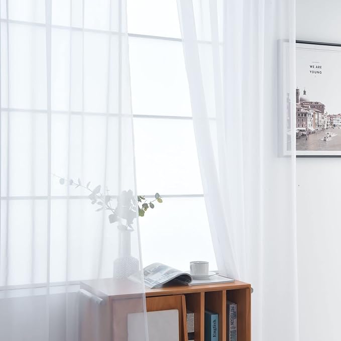 SpaceDresser Basic Rod Pocket Sheer Voile Window Curtain Panels White 1 Pair 2 Panels 60 Width 96 Inch Long for Kitchen Bedroom Children Living Room Yard（White，60Wx 96L）