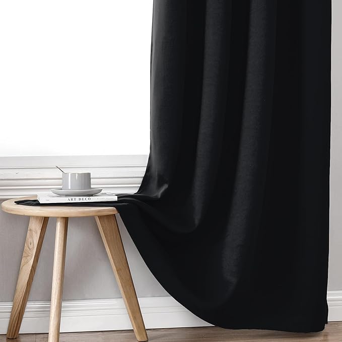 ChrisDowa 100% Blackout Curtains for Bedroom with Black Liner, 2 Thick Layers Total Blackout Thermal Insulated Grommet Window Curtains 2 Panels Set (Black, 52 x 72 Inch)