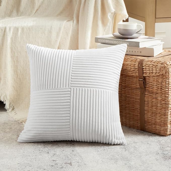 Fancy Homi 2 Packs White Samll Decorative Throw Pillow Covers 14x14 Inch with for Couch Bed Sofa, Rustic Farmhouse Boho Home Decor, Soft Corss Patchwork Corduroy Square Cushion Case 35x35 cm