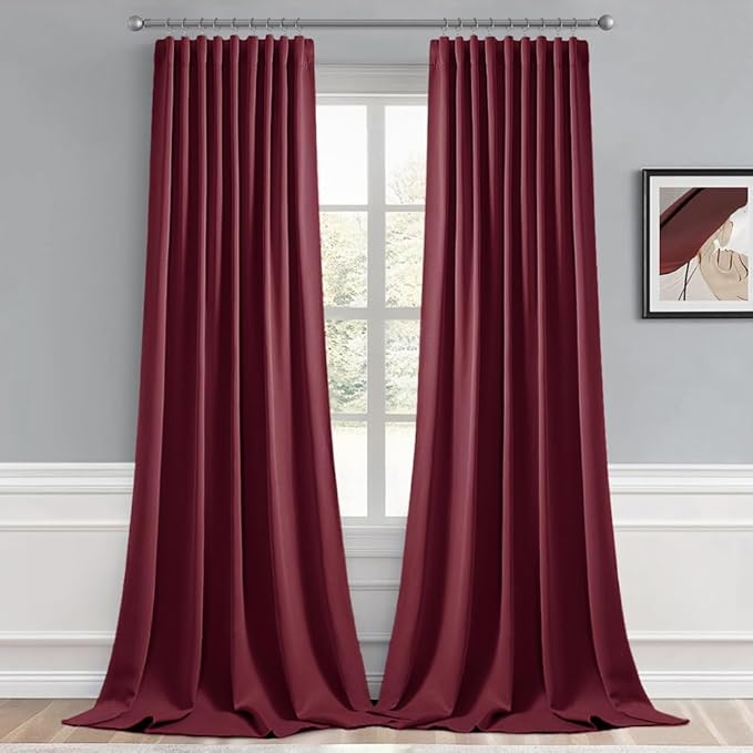 MIULEE Christmas Wine Red Back Tab Blackout Curtains 102 Inch Long 2 Panels Set for Bedroom, Rod Pocket/Pinch Pleated Thermal Insulated Living Room Darkening Light Blocking Floor to Ceiling Drapes