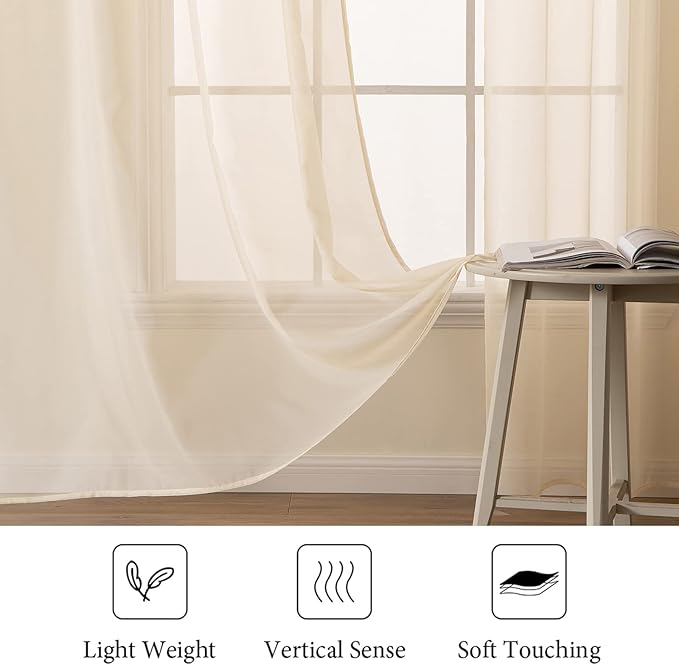 MIULEE Cream Beige Window Sheer Curtains for Bedroom Living Room Solid Elegant Net Drapes 2 Panels Width 38 x Length 72 Inches