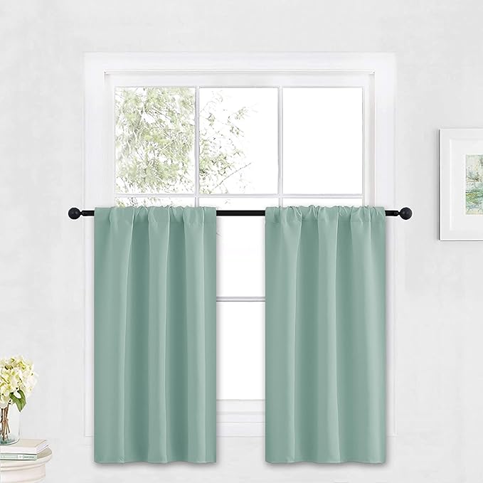 RYB HOME Blackout Cafe Curtains 30 inch Length, Short Light UV Heat Blocking Energy Saving Privacy Curtain Tiers for Basement Bathroom Kitchen Window, Width 29 by Length 30, Aqua, 2 Panels