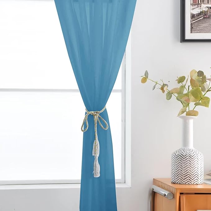 SpaceDresser Basic Rod Pocket Sheer Voile Window Curtain Panels Blue 1 Pair 2 Panels 52 Width 63 Inch Long for Kitchen Bedroom Children Living Room Yard（Blue, 52W x 63L）