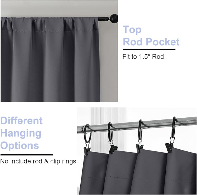 Simplebrand Ava Grey Blackout Curtains for Bedroom 63 Inch Length 2 Panels Set, Solid Thermal Insulated Privacy Living Room Window Treatment Curtains Blackout Drapes, W50 x L63 Inch