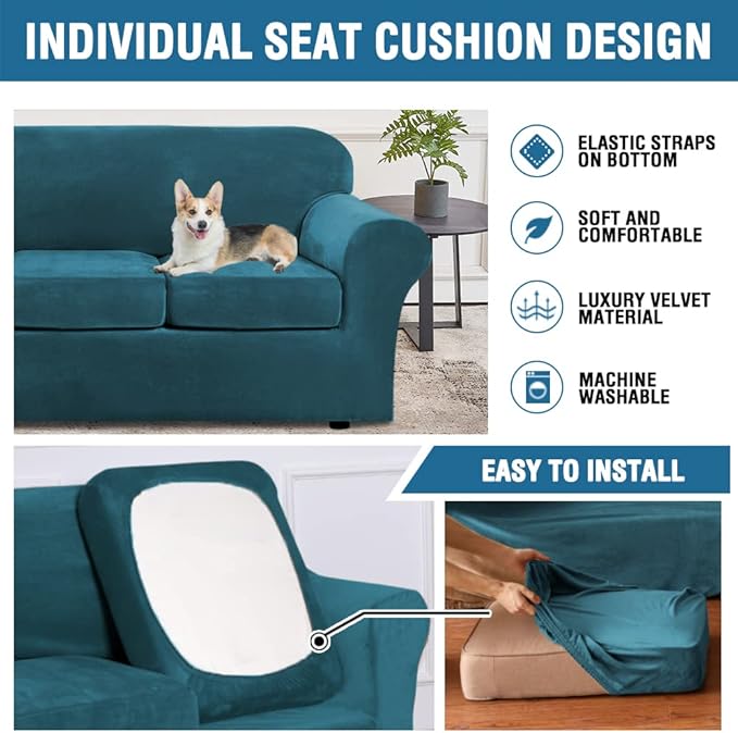 H.VERSAILTEX Velvet 4 Piece High Stretch Sofa Slipcover Cover Furniture Protector Form Fit Luxury Thick Velvet Extra Large Sofa Cover for 3 Cushion Couch Width Up to 105 Inch (XL Sofa, Deep Teal)