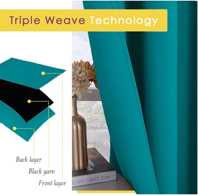 NICETOWN Bedroom Curtains Blackout Drapery Panels, 2 Panels, 70 x 108 inches, Peacock Teal, Three Pass Microfiber Thermal Insulated Solid Ring Top Blackout Window Curtains/Drapes