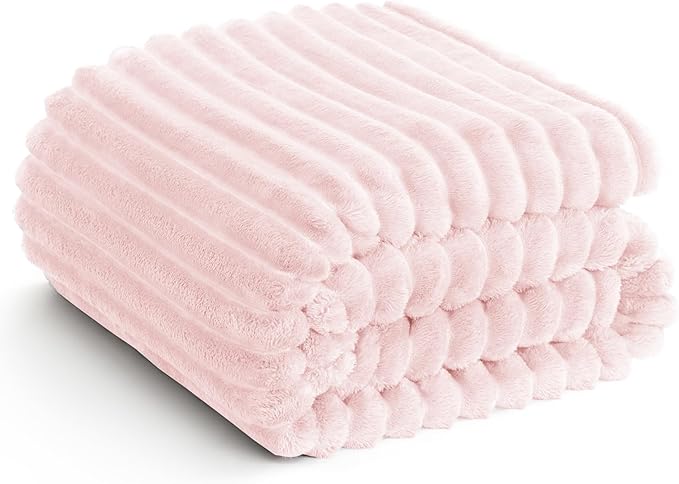 HIMEET Pink Ribbed Throw Blanket for Couch - 300GSM Lightweight Soft Fleece Blanket for Women, Cozy Blankets for Mothers Gifts, Striped Spring Home Room Decor, Pink, 50x60 Inches