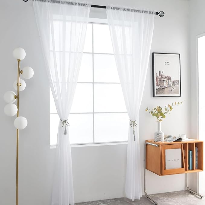 SpaceDresser Sheer White Curtains 4 Panels Rod Pocket Semi-Sheer Curtain 96 Inches Long Light Filtering Voile Window Drapes for Bedroom Living Room Kitchen, Each 52W x 96L
