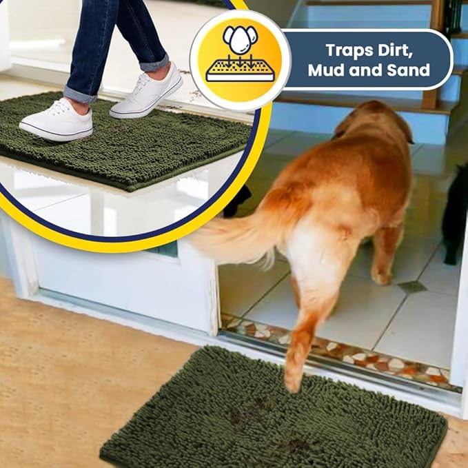 Muddy Mat® | Super Absorbent Door Mat Indoor, Microfiber Quick Dry Chenille Entryway Rug, Non-Slip Front Door Mat, Indoor Mats for Entryway, Machine Washable Pet Rug, Army Green 24" x 72"