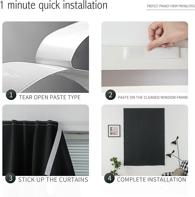 Adhesive Blackout Curtains- Self Stick Shades Window Blinds Curtains No Rod Needed Easy to Hang Curtains, Use for Bedroom, Living Room, Dining Room, Kitchen, Home Office, 47"W X 59"L, Black, 1 Panel