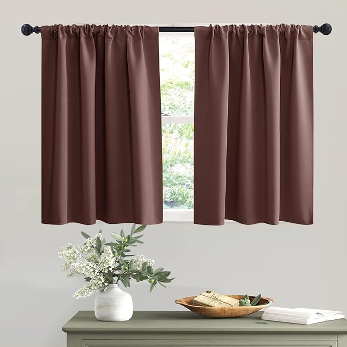RYB HOME Half Curtain Tiers 36 inch Length, Rod Pocket Summer Heat Blocking Thermal Insulated Short Blackout Curtains for Small Window, Width 34 by Length 36, Chocolate Brown, 2 Panels