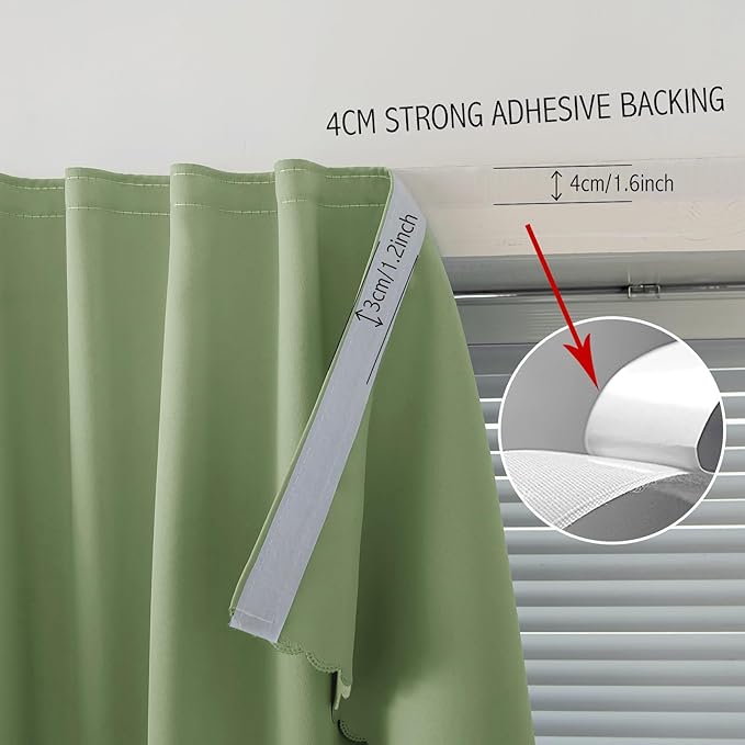 Magic Tape Blackout Curtains for Bedroom No Drillng Self Adhesive Curtains No Rod Small Window, 47" W X 96" L, Sage Green, 1 Panel