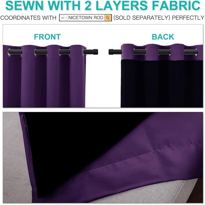 NICETOWN Living Room Completely Shaded Draperies, Privacy Protection & Noise Reducing Ring Top Drapes, Black Lined Insulated Window Treatment Curtain Panels(Royal Purple, 2 Pieces, W52 x L72)