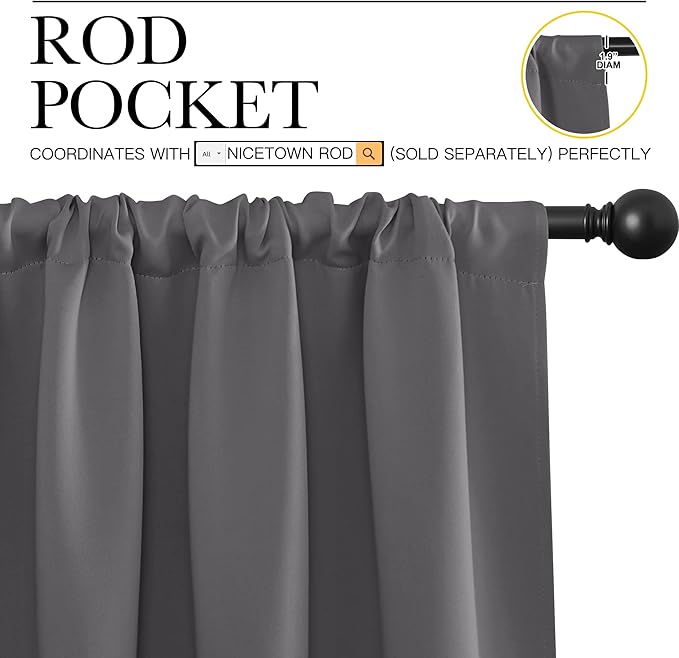 NICETOWN Grey Window Curtains for Bedroom - Home Decoration Thermal Insulated Rod Pocket Blackout Blinds & Drapes for Small Windows (Gray, 2 Panels, W34 x L84 -Inch)