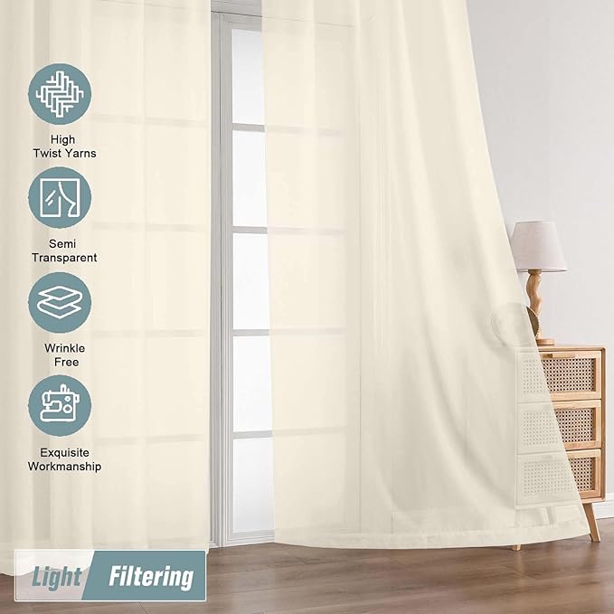 Cream Sheer Curtains for Window 72 inches Long 2 Panels Set, Soft Airy Modern Light Filtering Sheer Curtains for Living Room Bedroom, Dual Rod Pocket Solid Window Drapes, 2x42Wx72L inches