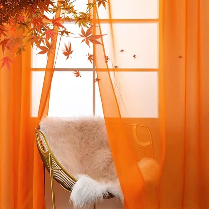 SpaceDresser Basic Rod Pocket Sheer Voile Window Curtain Panels White 1 Pair 2 Panels 70 Width 63 Inch Long for Kitchen Bedroom Children Living Room Yard(Orange,70 W x 63 L)